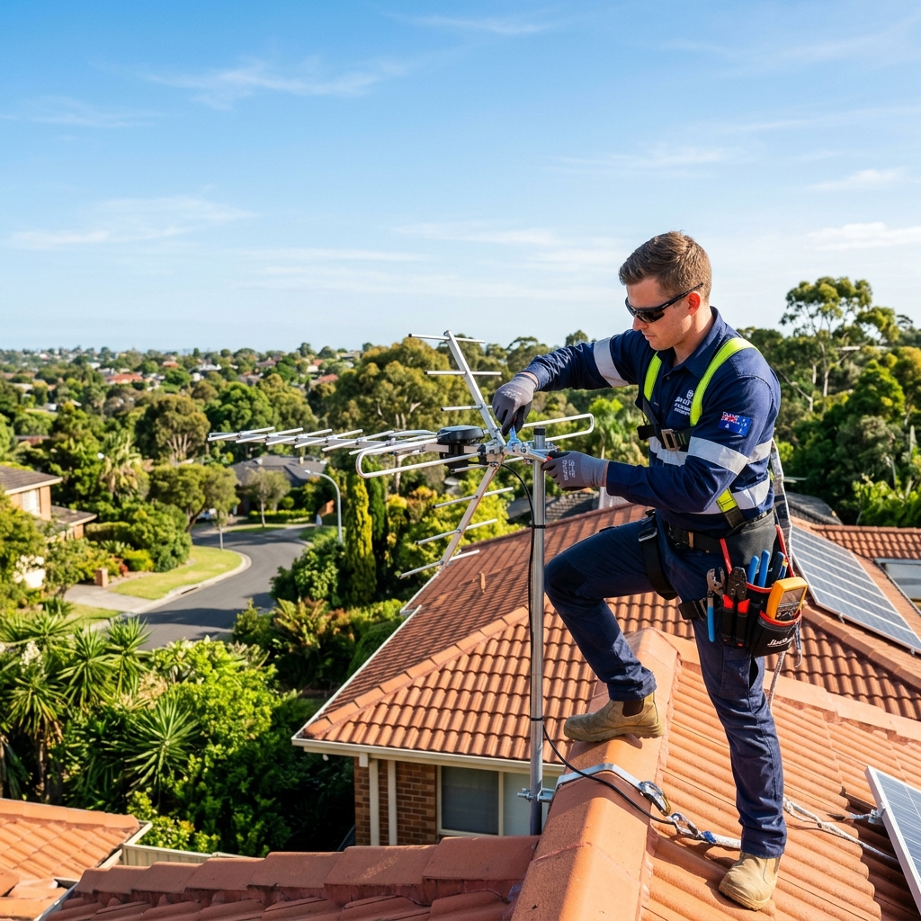 Antenna technician diagnosing a faulty TV signal with a digital signal meter on a Melbourne rooftop