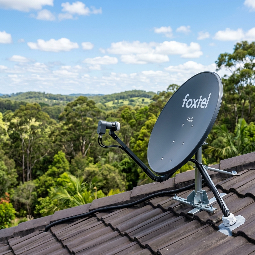 Foxtel iQ set-top box neatly installed beneath a wall-mounted television in a Melbourne living room