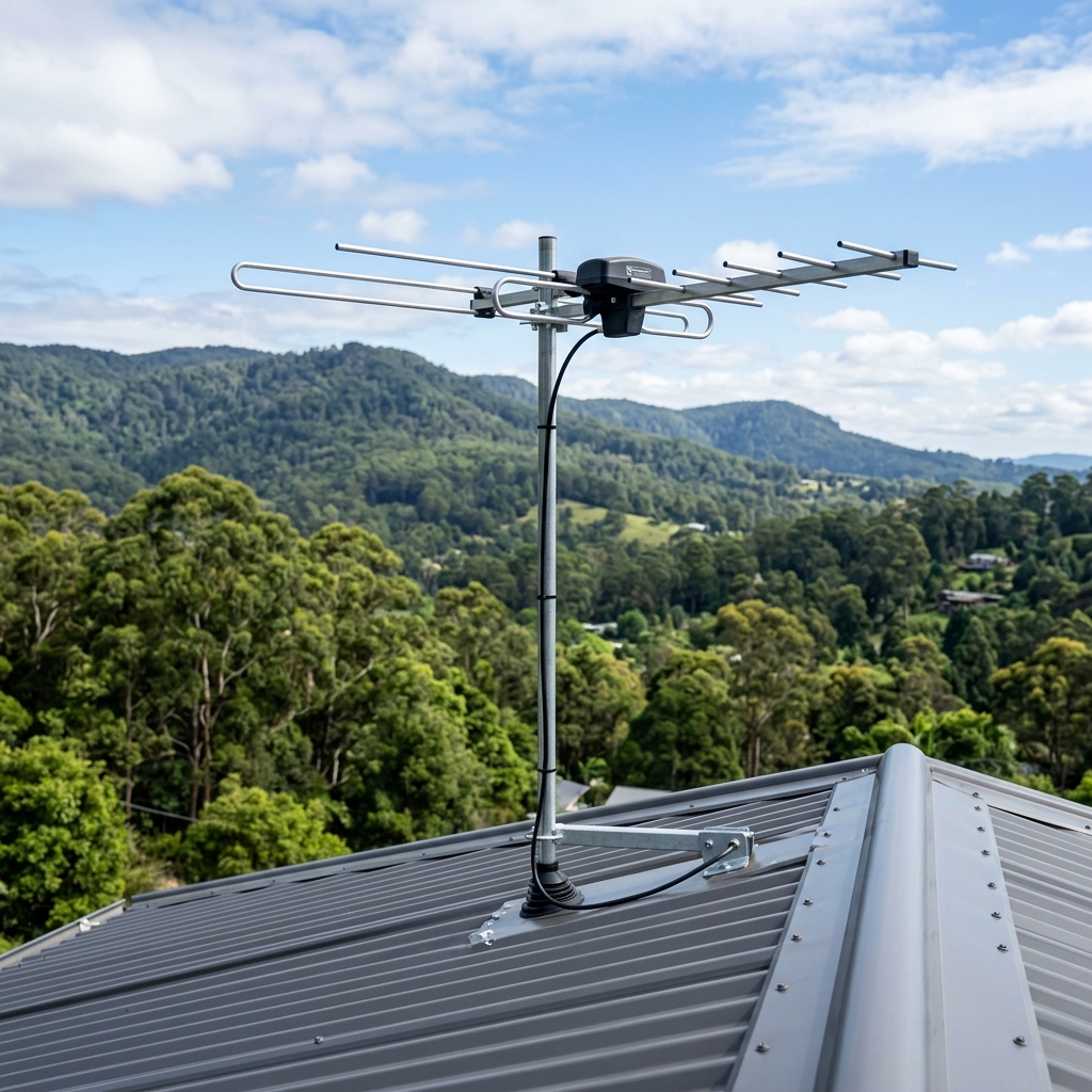 Master Antenna technician installing a digital TV antenna on a Melbourne suburban rooftop at golden hour