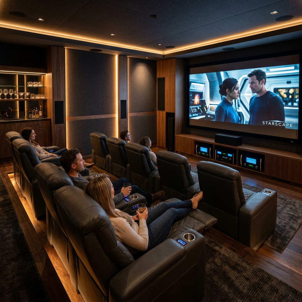 Modern home theatre with surround speakers, AV receiver and large flat-screen TV in a Melbourne home