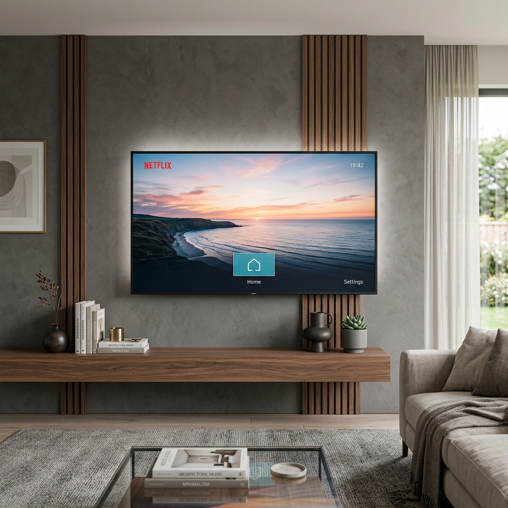 Large flat-screen TV professionally wall mounted in a modern Melbourne living room with cables fully concealed