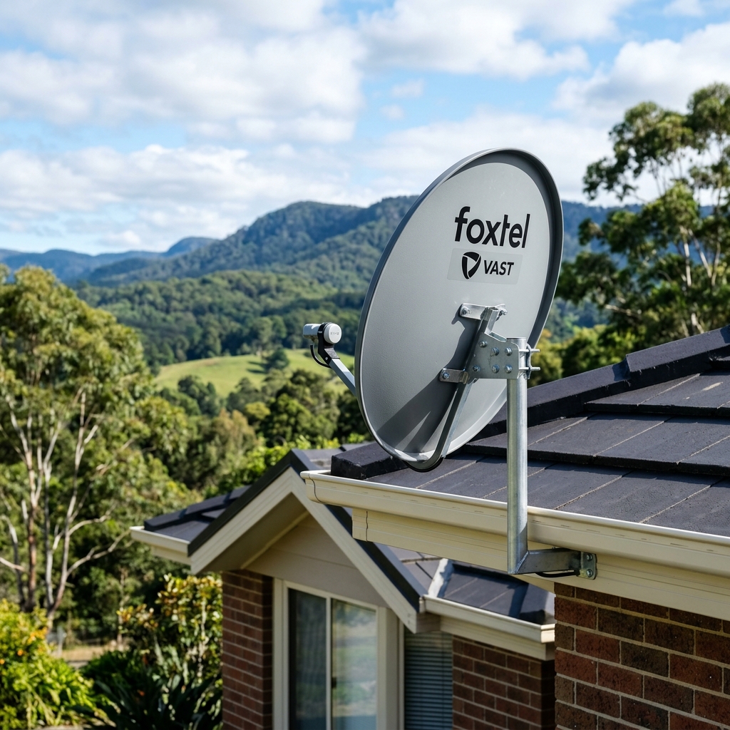 VAST satellite dish installed on a rural Victorian rooftop with clear blue sky